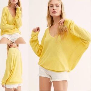 Free People We The Free Clara yellow waffle thermal v-neck top 36248